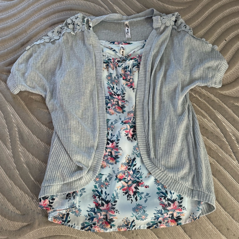 Knitworks Gray Cardigan with Floral Blouse